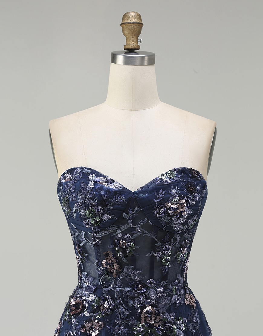 Sparkly Floral Navy Corset Long Tulle A-Line Prom Dress with Sequin