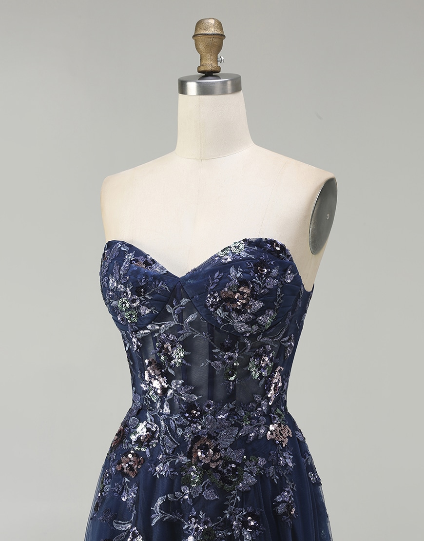 Sparkly Floral Navy Corset Long Tulle A-Line Prom Dress with Sequin