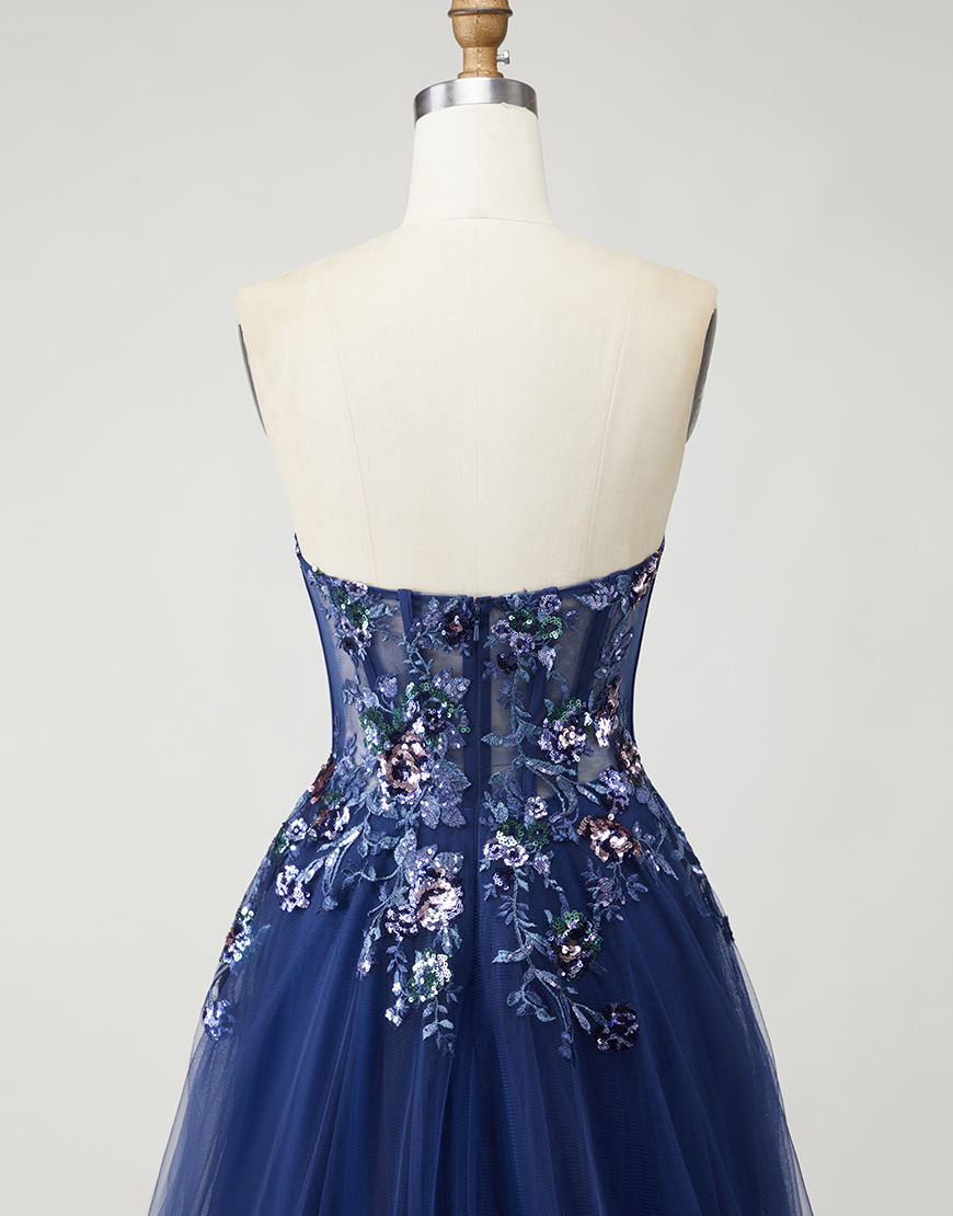 Sparkly Navy Floral Long A-Line Prom Dress with Embroidery