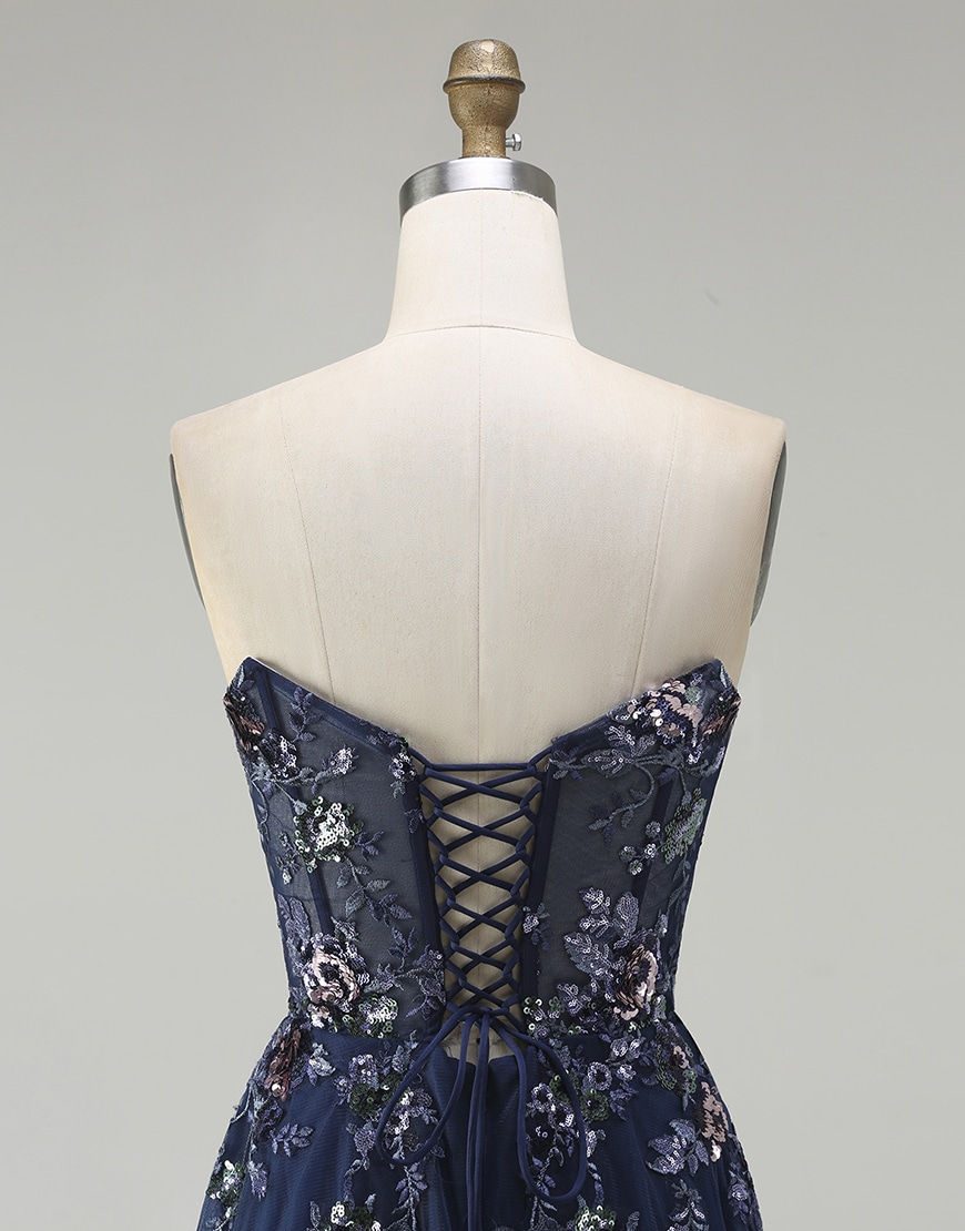 Sparkly Floral Navy Corset Long Tulle A-Line Prom Dress with Sequin