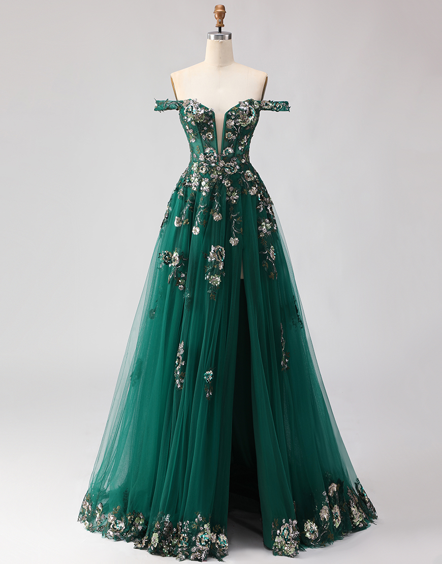 Sparkly Dark Green A Line Floral Corset Tulle Long Prom Dress with Appliques