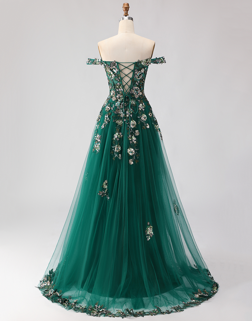 Sparkly Dark Green A Line Floral Corset Tulle Long Prom Dress with Appliques