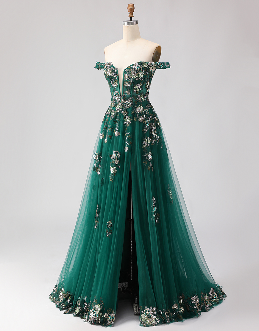 Sparkly Dark Green A Line Floral Corset Tulle Long Prom Dress with Appliques