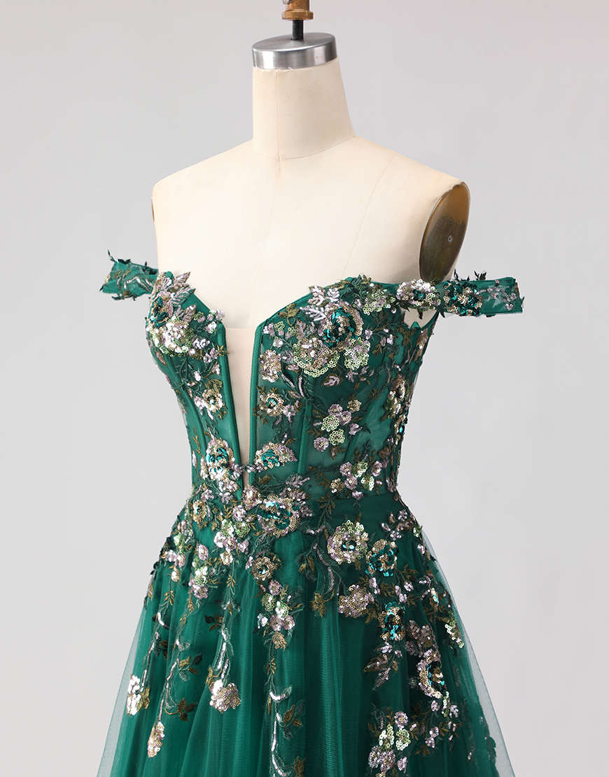 Sparkly Dark Green A Line Floral Corset Tulle Long Prom Dress with Appliques