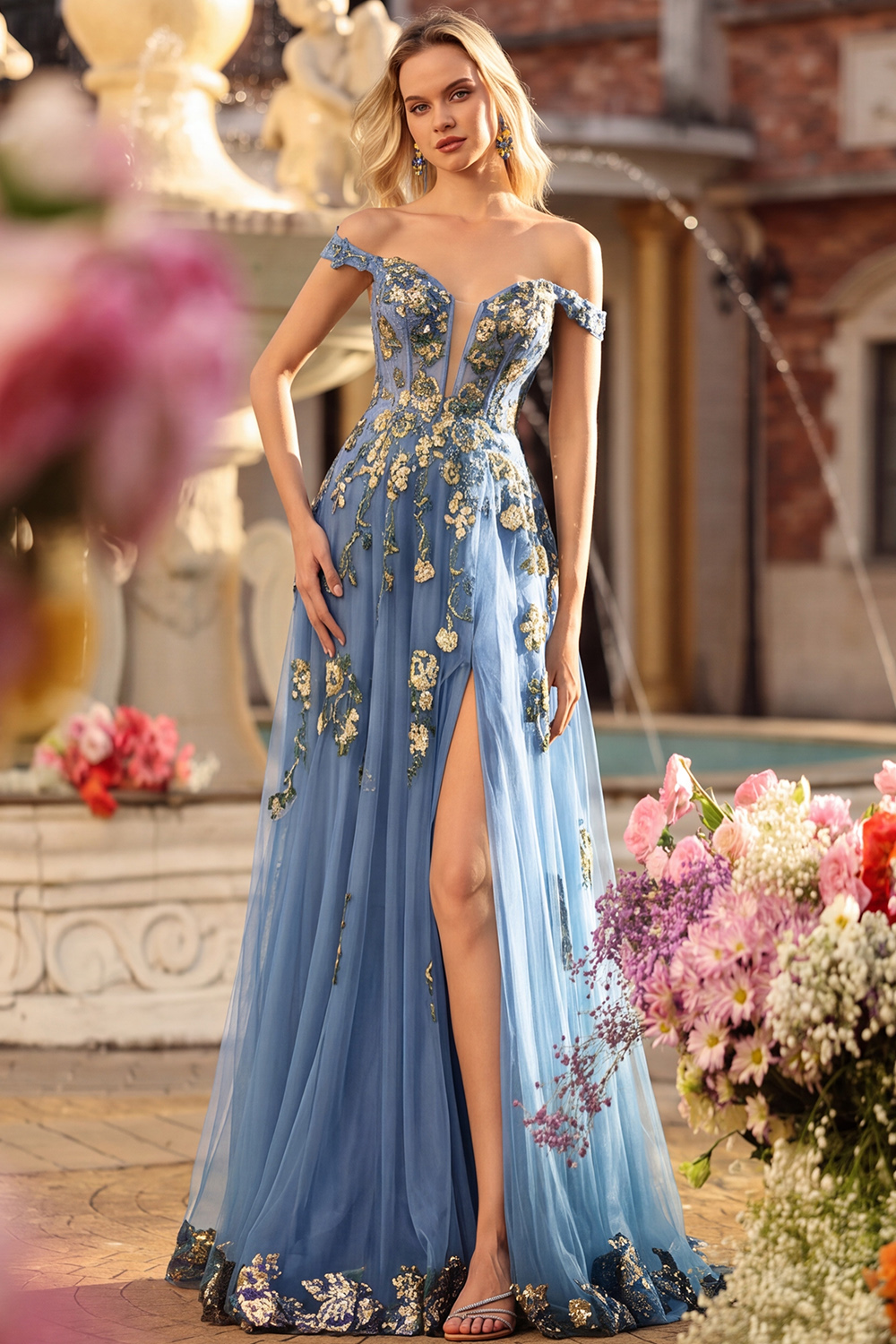 Sparkly Dark Green A Line Floral Corset Tulle Long Prom Dress with Appliques