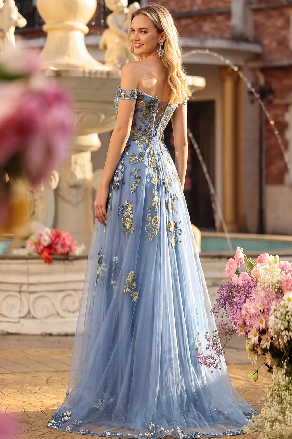 Sparkly Dark Green A Line Floral Corset Tulle Long Prom Dress with Appliques