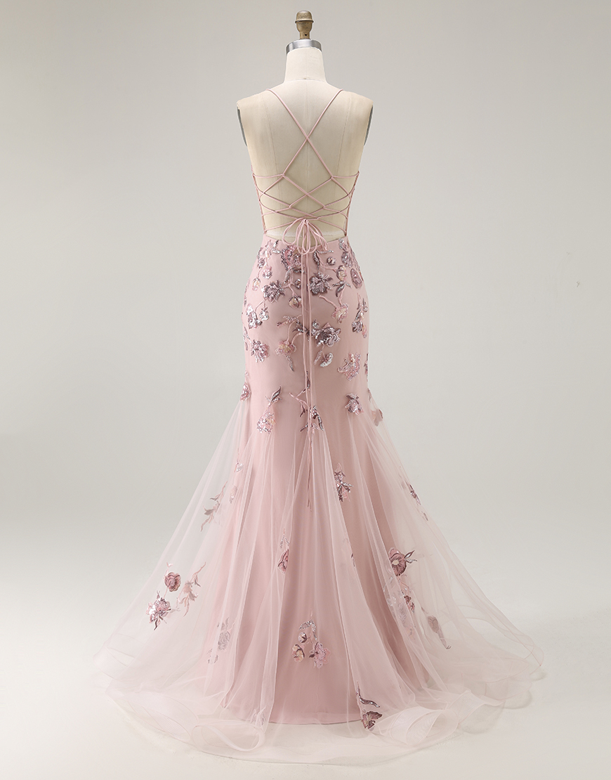 Sparkly Blush Floral Corset Mermaid Long Prom Dress
