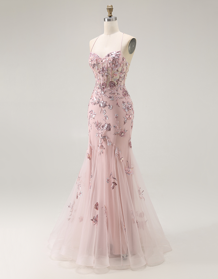 Sparkly Blush Floral Corset Mermaid Long Prom Dress