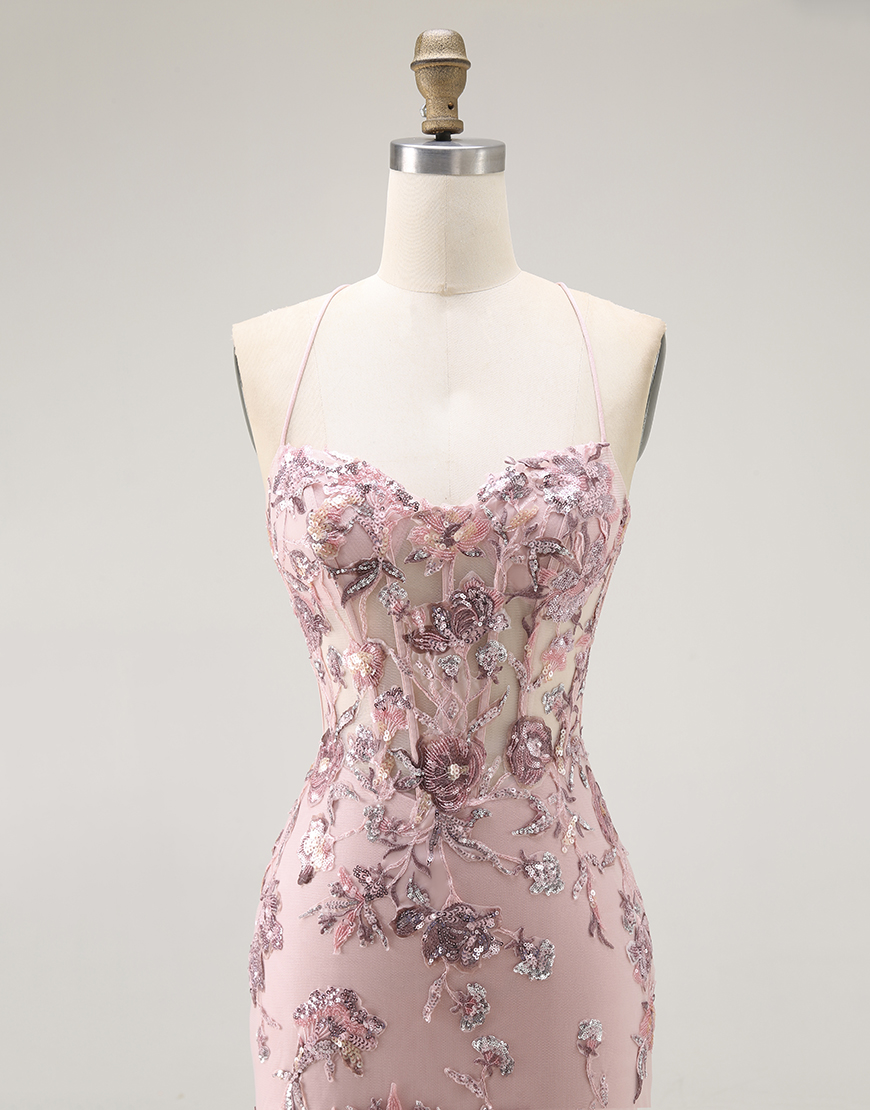 Sparkly Blush Floral Corset Mermaid Long Prom Dress