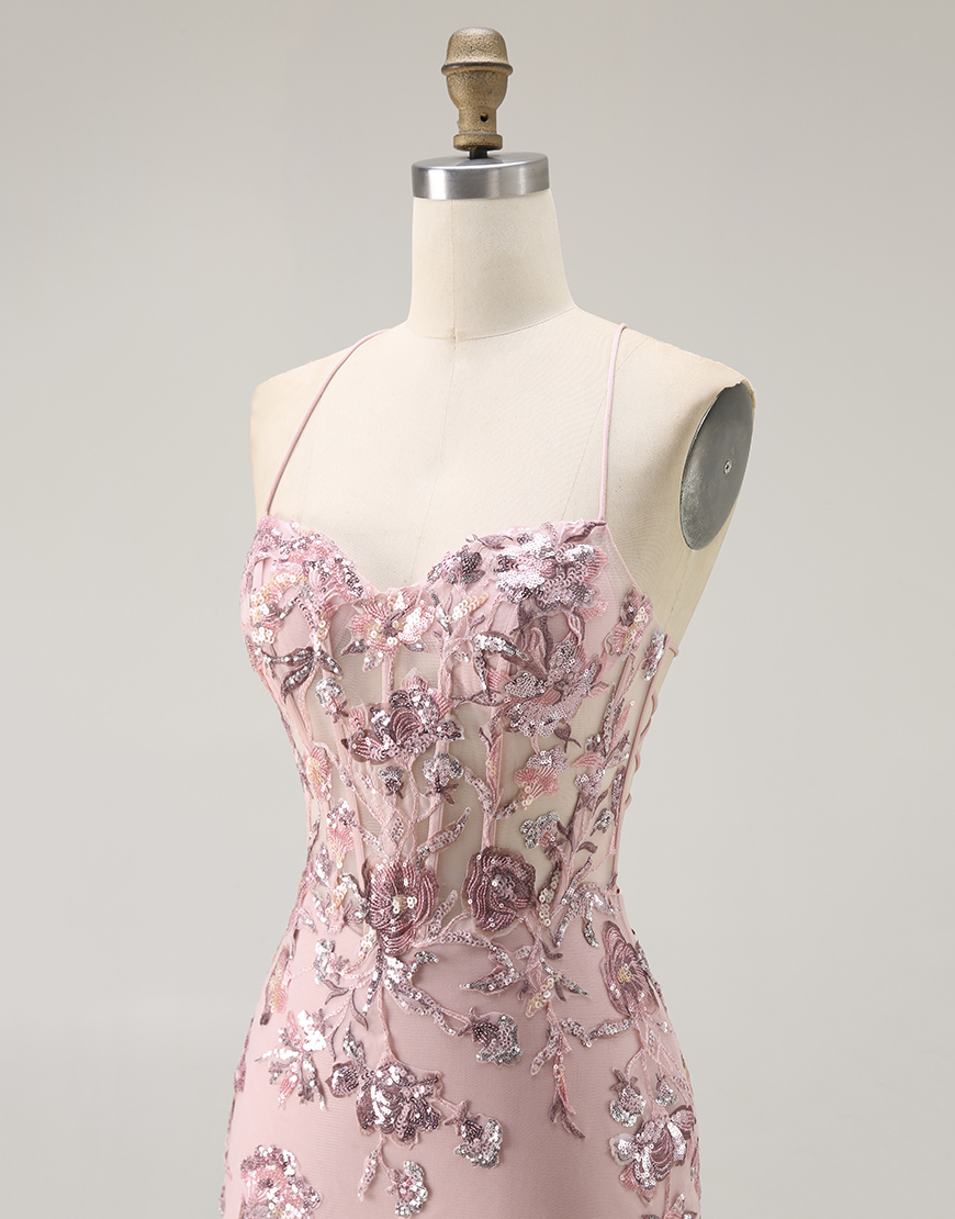 Sparkly Blush Floral Corset Mermaid Long Prom Dress