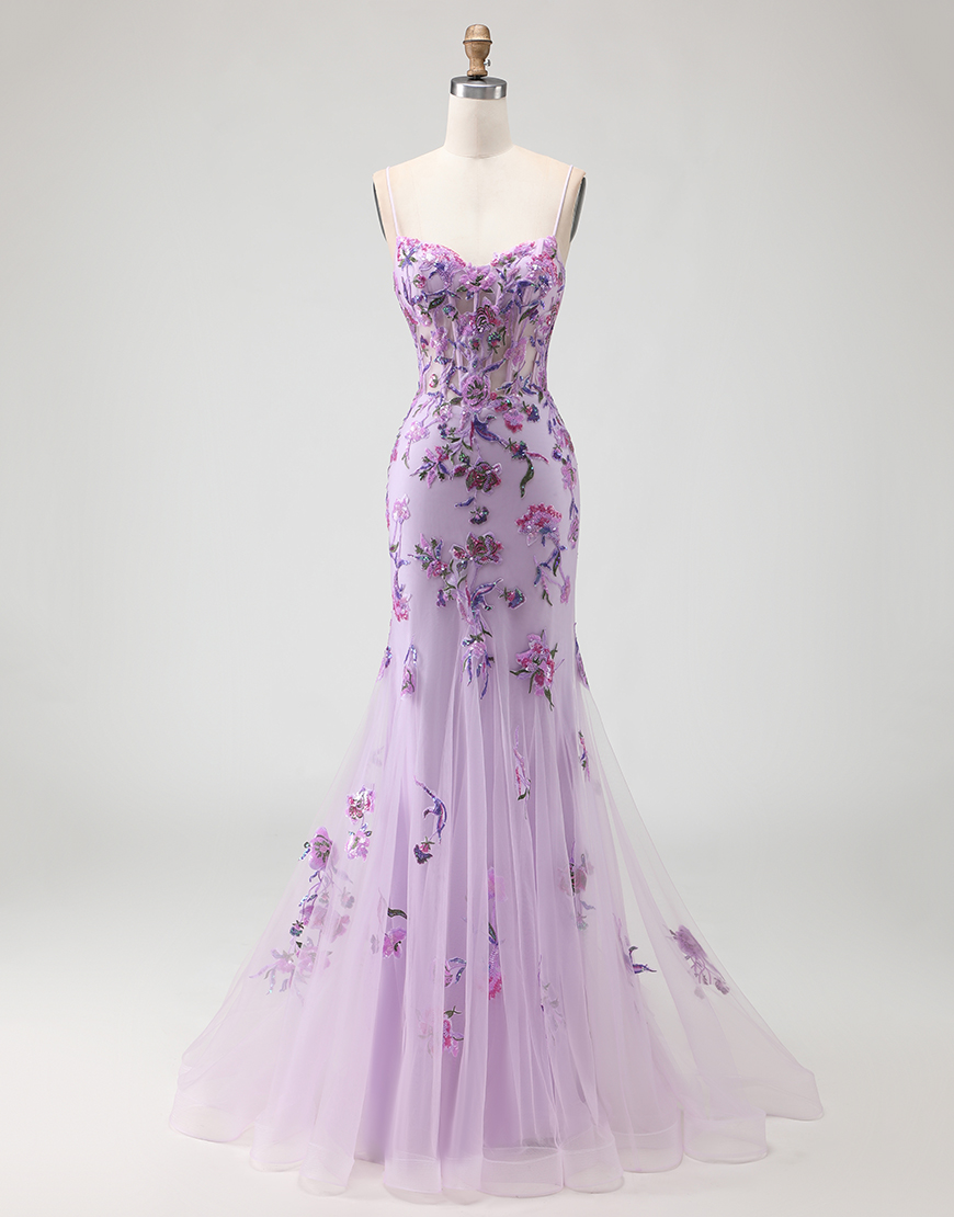 Sparkly Purple Floral Corset Mermaid Long Prom Dress
