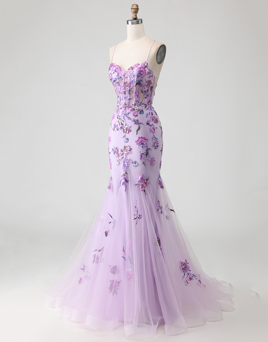 Sparkly Purple Floral Corset Mermaid Long Prom Dress