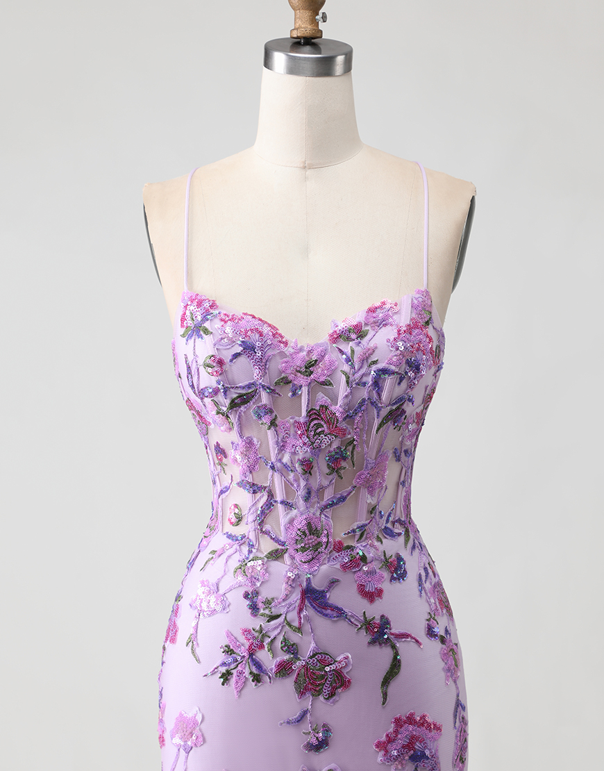 Sparkly Purple Floral Corset Mermaid Long Prom Dress