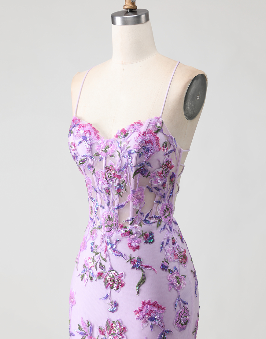 Sparkly Purple Floral Corset Mermaid Long Prom Dress