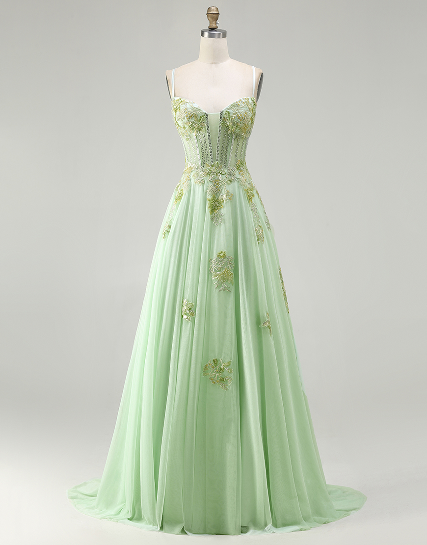 Sparkly Floral Green Corset Long A-Line Prom Dress with Beading