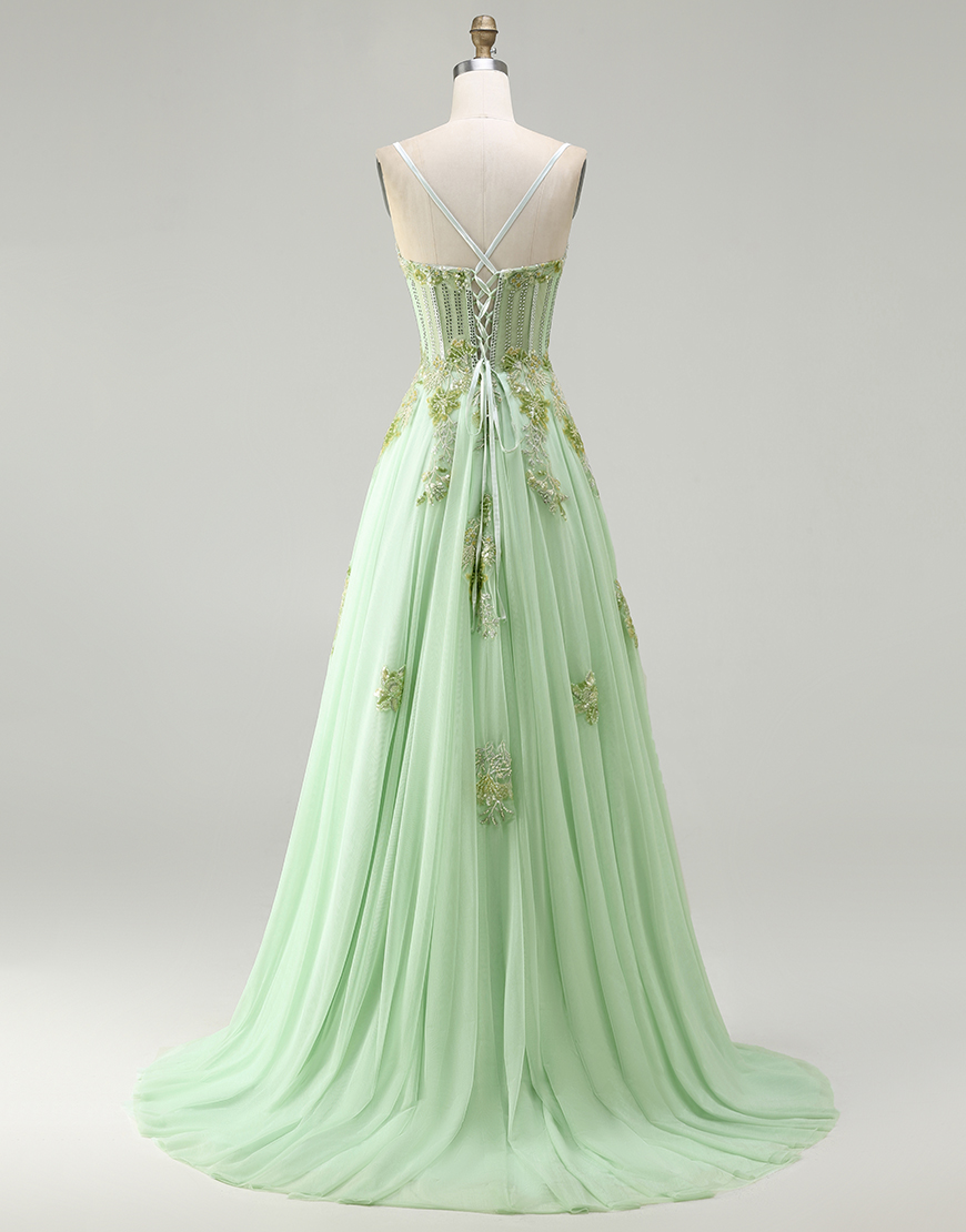 Sparkly Floral Green Corset Long A-Line Prom Dress with Beading