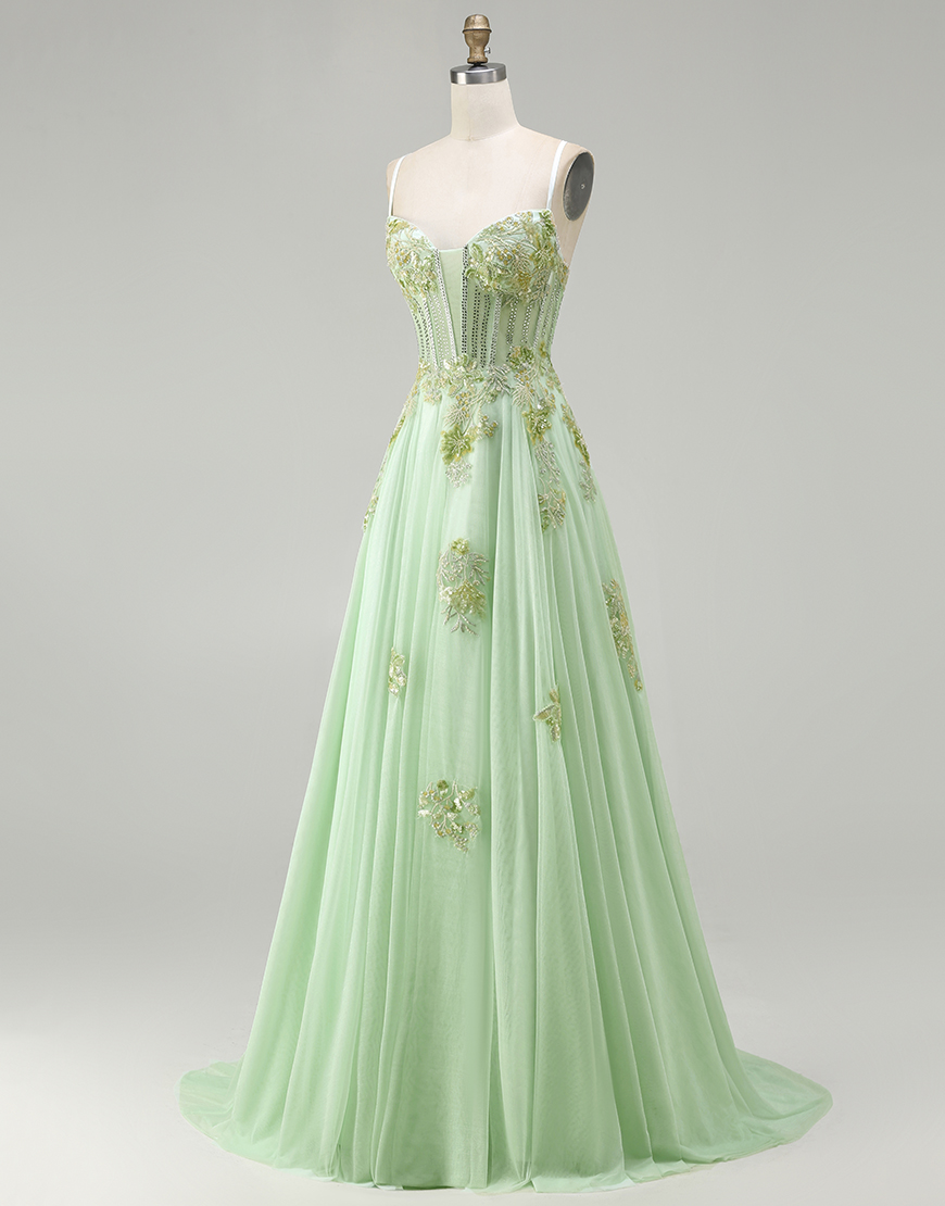 Sparkly Floral Green Corset Long A-Line Prom Dress with Beading