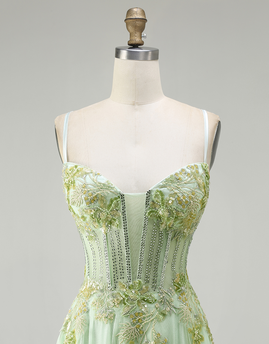Sparkly Floral Green Corset Long A-Line Prom Dress with Beading