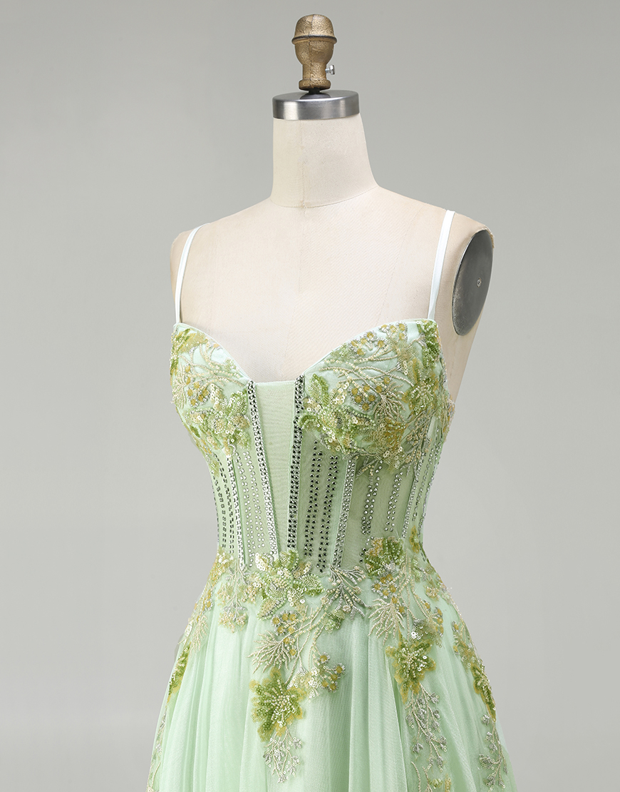 Sparkly Floral Green Corset Long A-Line Prom Dress with Beading