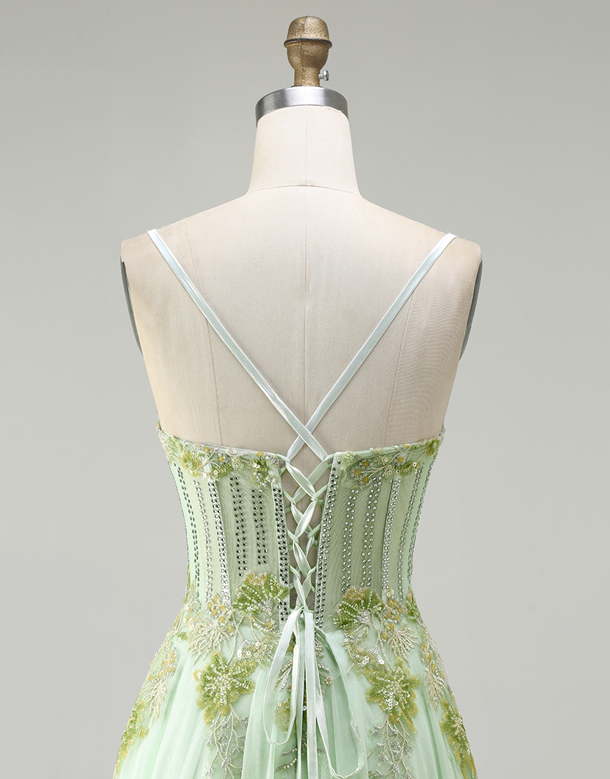 Sparkly Floral Green Corset Long A-Line Prom Dress with Beading