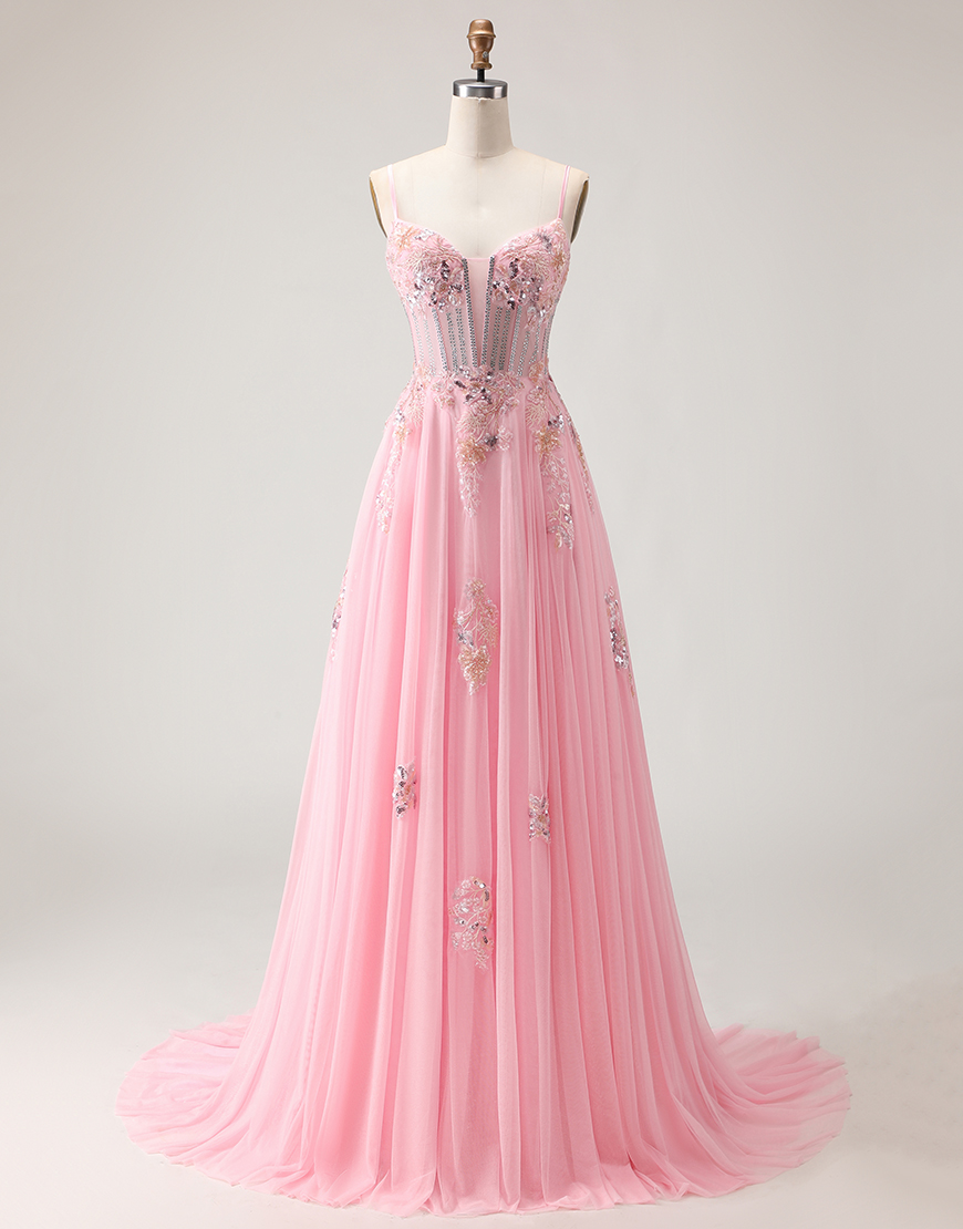 Sparkly Floral Pink A-Line Corset Long Prom Dress with Beading