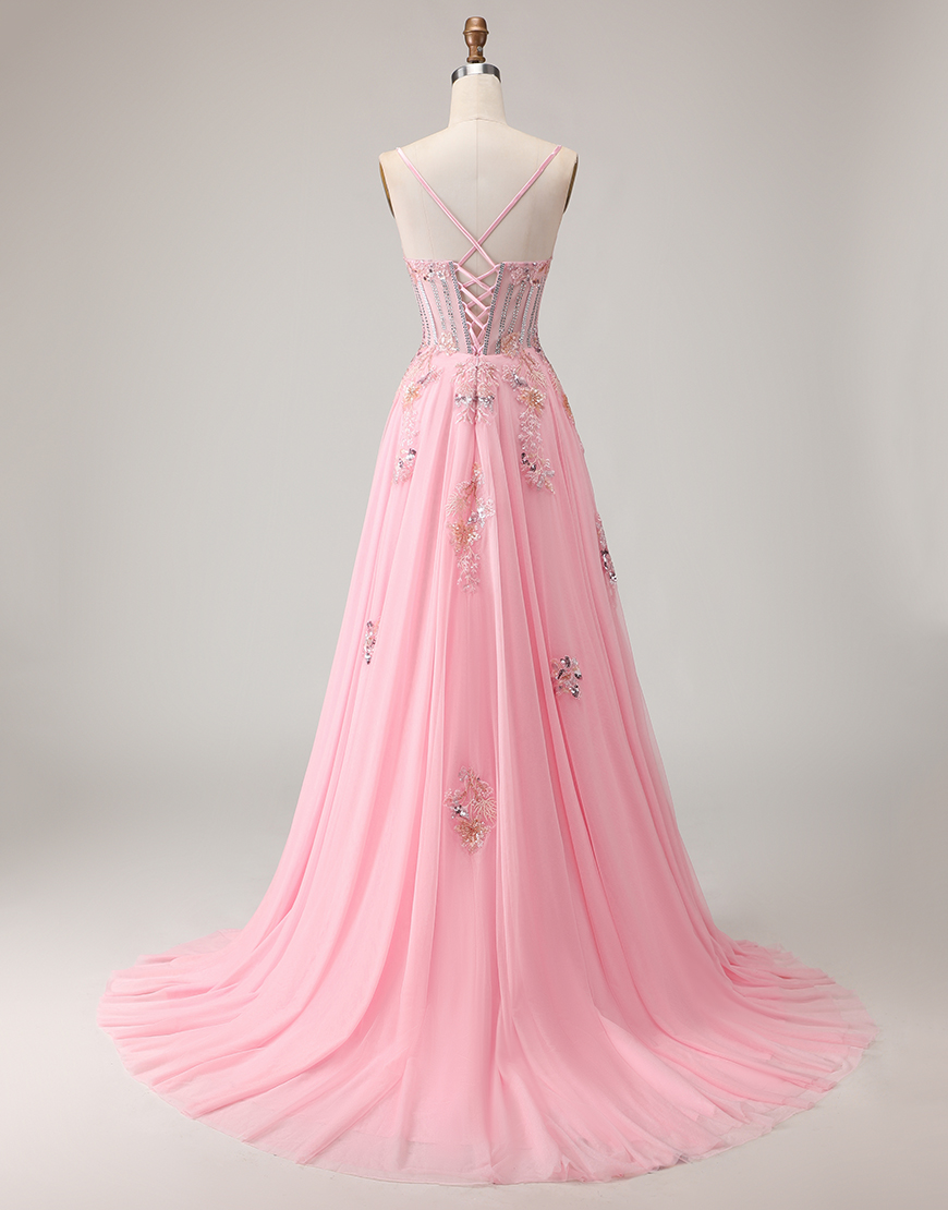 Sparkly Floral Pink A-Line Corset Long Prom Dress with Beading