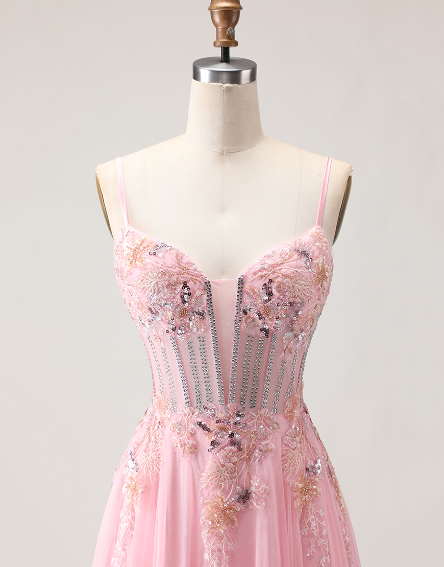 Sparkly Green Floral Corset Long A-Line Prom Dress with Beading