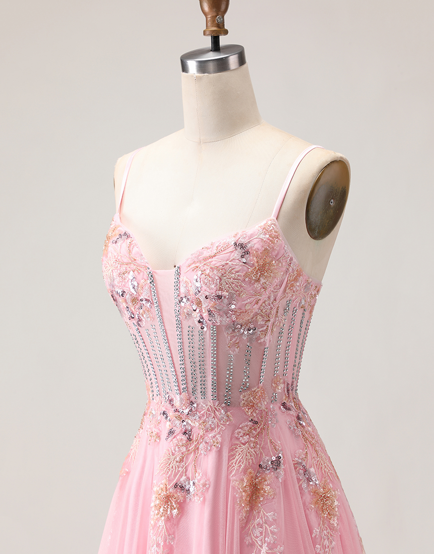 Sparkly Green Floral Corset Long A-Line Prom Dress with Beading