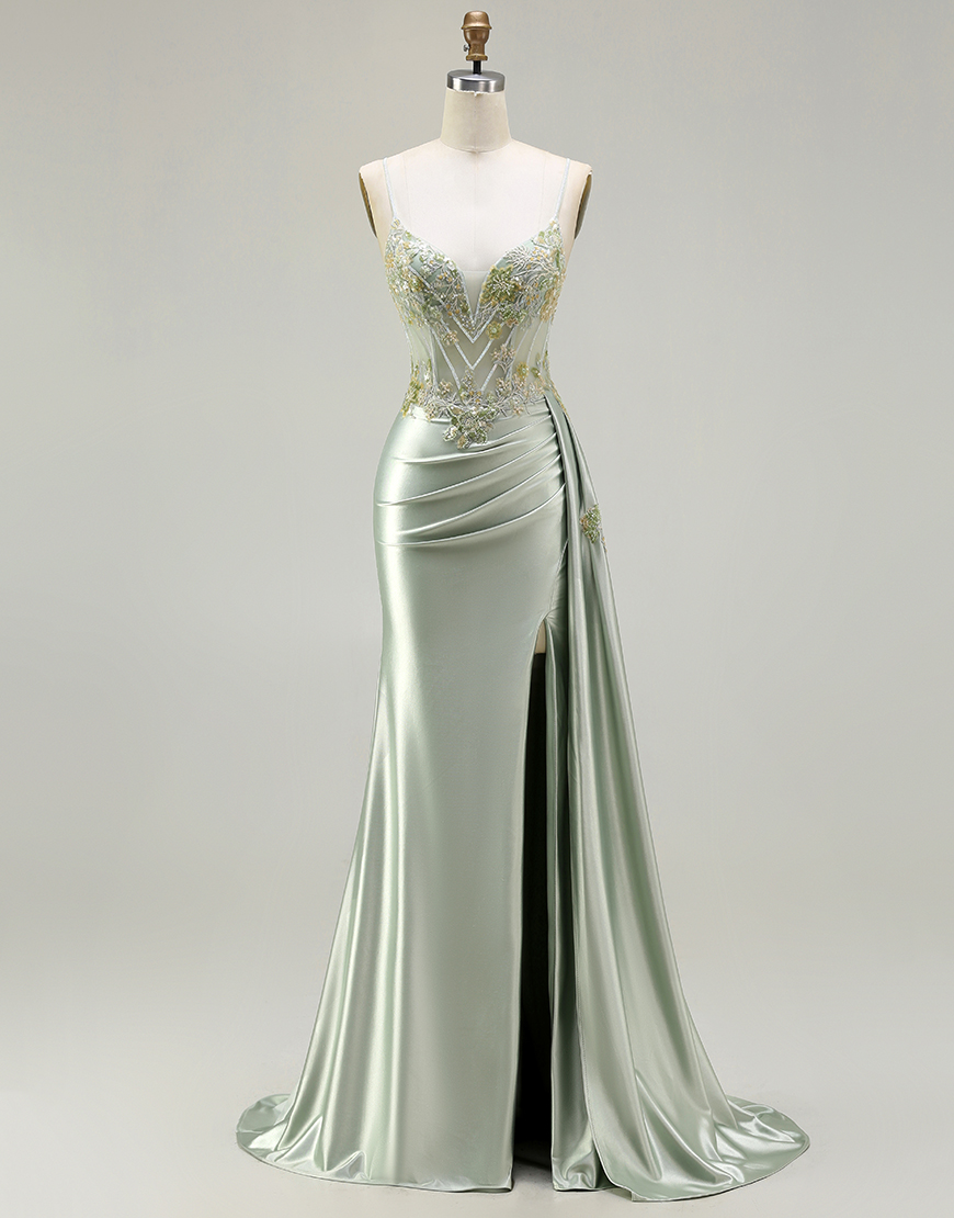 Sparkly Green Floral Corset Long Mermaid Prom Dress with Appliques