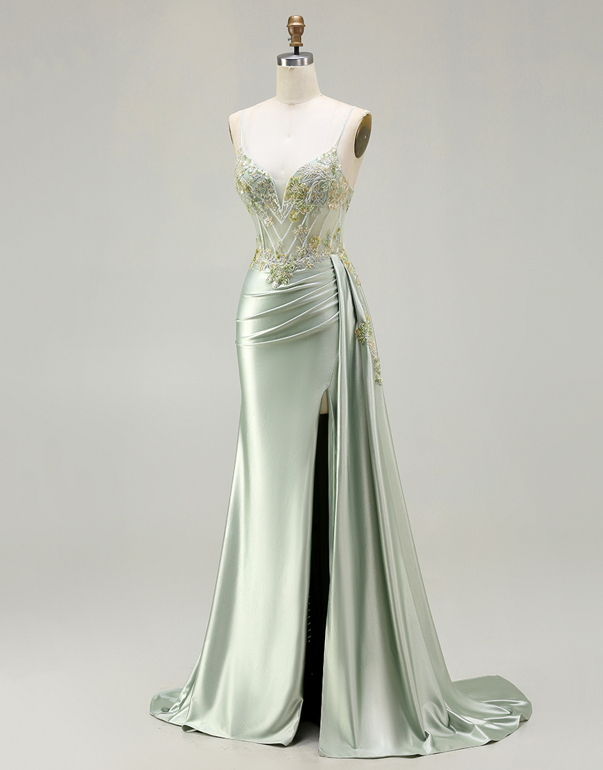 Sparkly Green Floral Corset Long Mermaid Prom Dress with Appliques