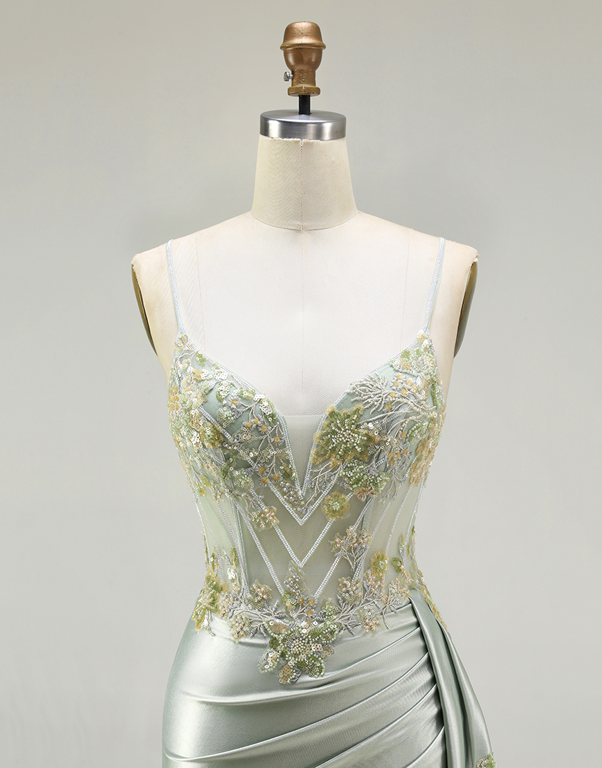 Sparkly Green Floral Corset Long Mermaid Prom Dress with Appliques