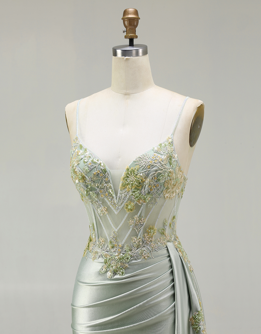 Sparkly Green Floral Corset Long Mermaid Prom Dress with Appliques