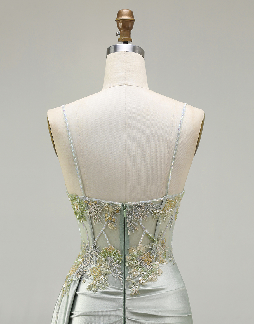 Sparkly Green Floral Corset Long Mermaid Prom Dress with Appliques