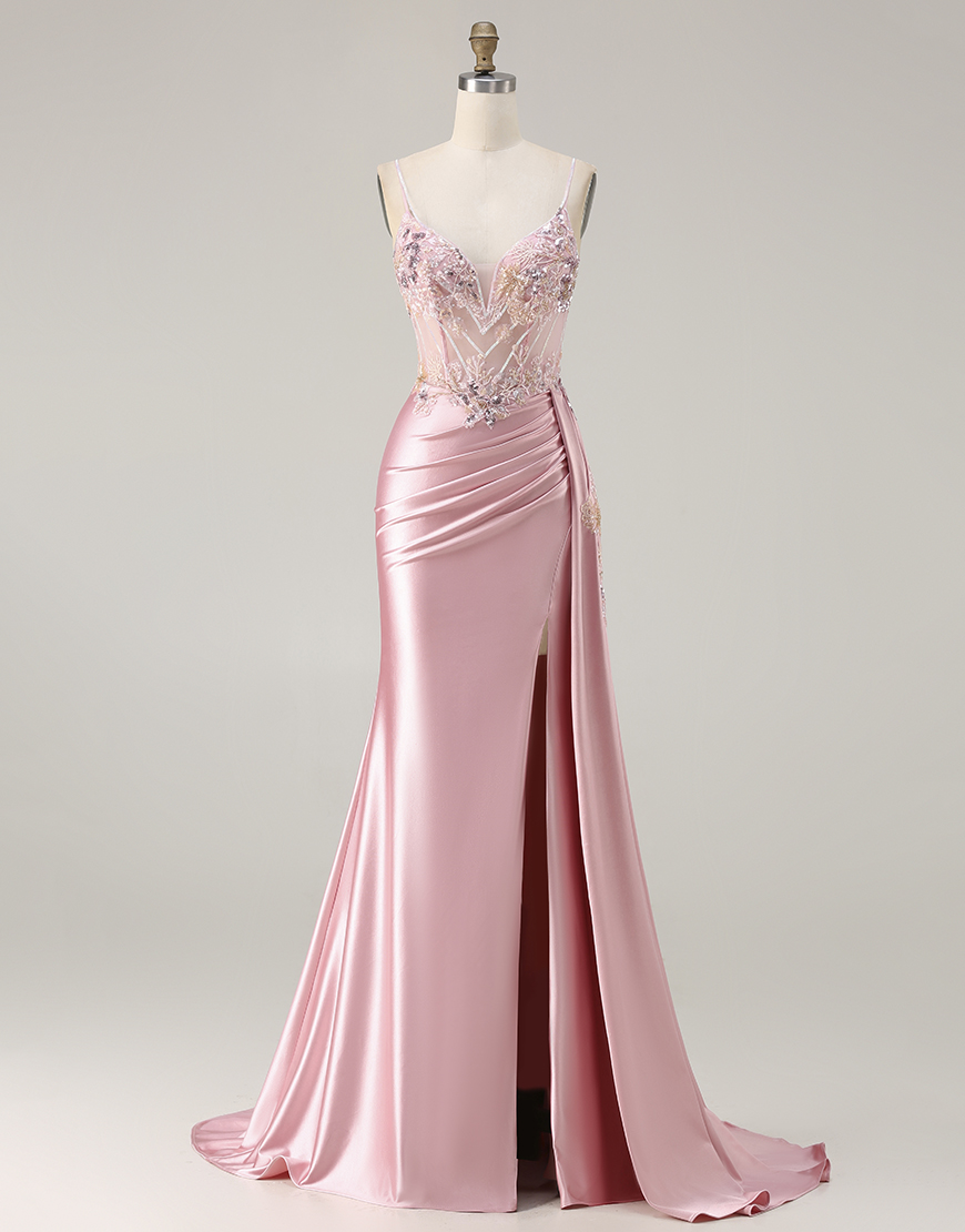 Sparkly Pink Satin Mermaid Corset Floral Long Prom Dress with Sequin