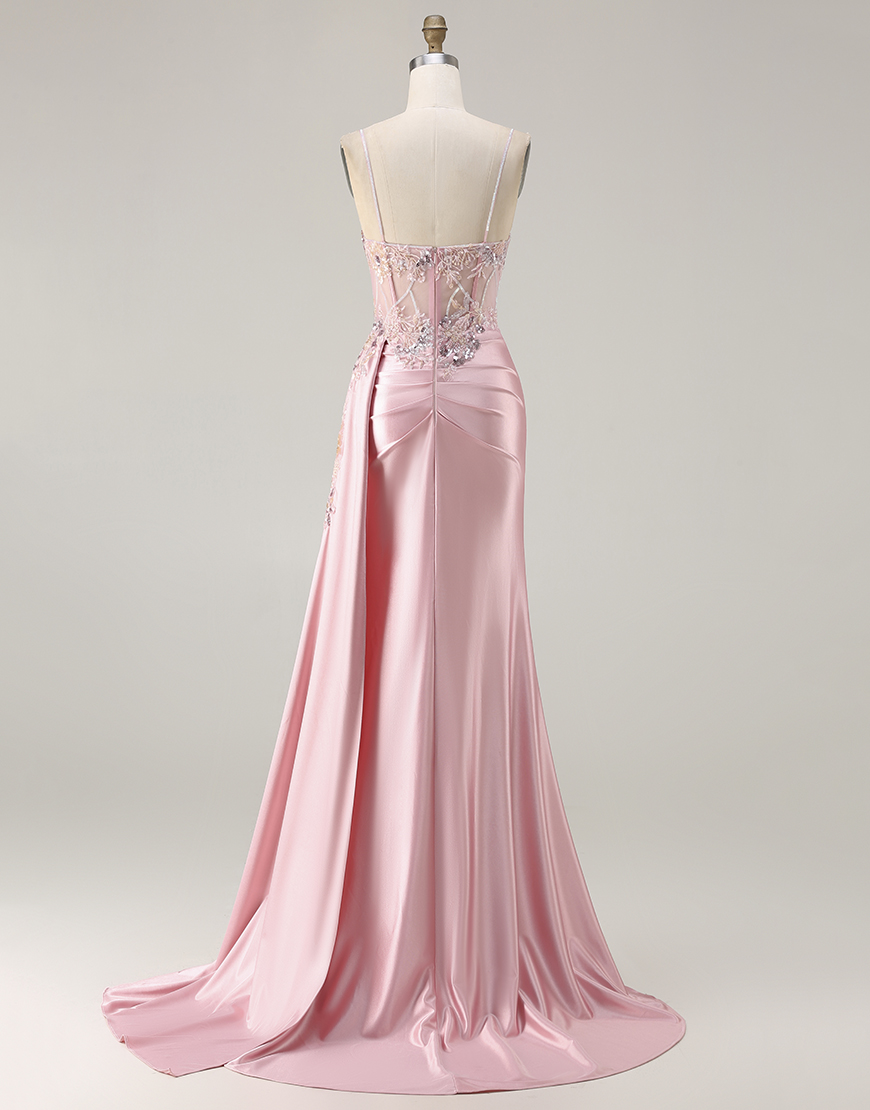 Sparkly Pink Satin Mermaid Corset Floral Long Prom Dress with Sequin