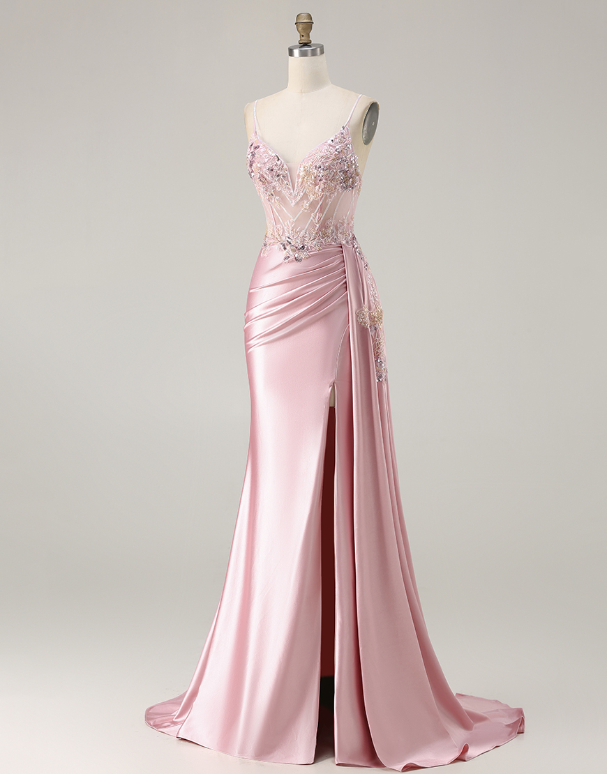 Sparkly Pink Satin Mermaid Corset Floral Long Prom Dress with Sequin