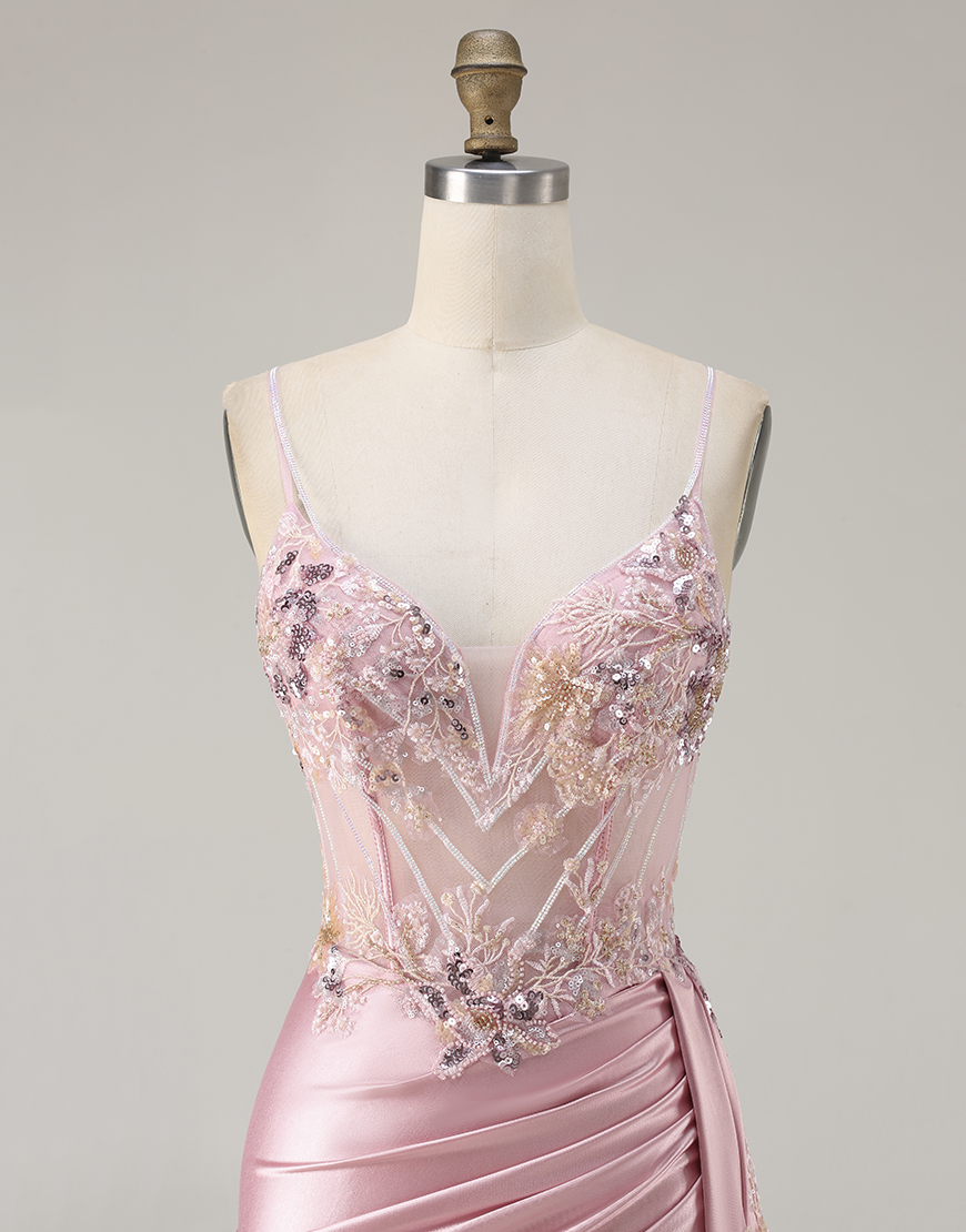 Sparkly Pink Satin Mermaid Corset Floral Long Prom Dress with Sequin