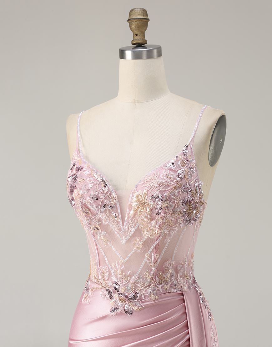 Sparkly Pink Satin Mermaid Corset Floral Long Prom Dress with Sequin