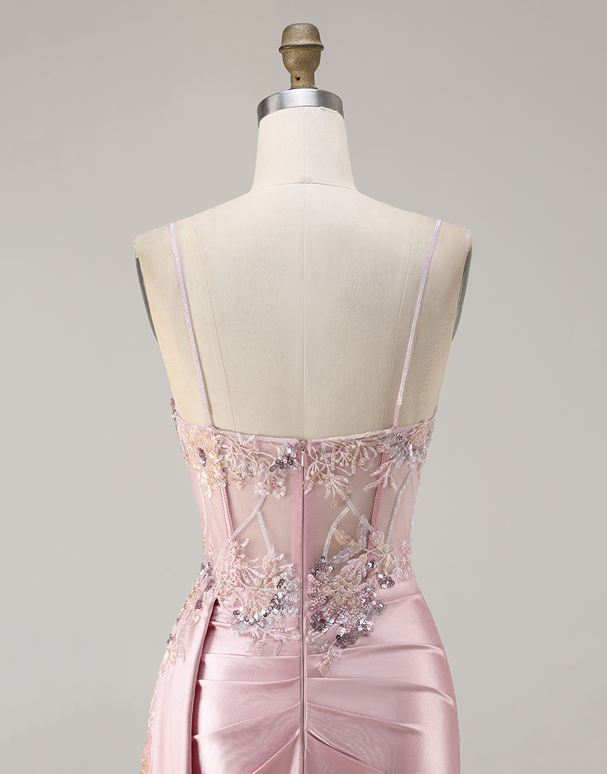 Sparkly Pink Satin Mermaid Corset Floral Long Prom Dress with Sequin