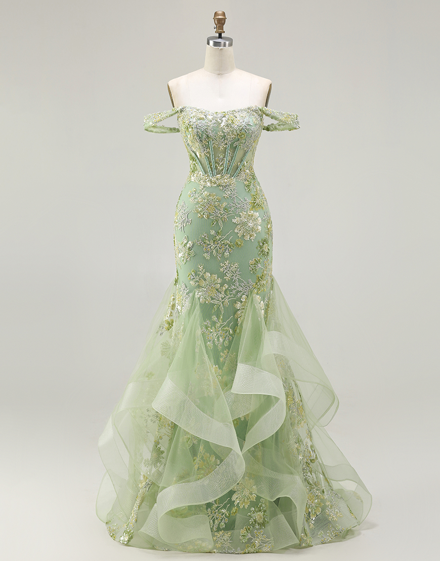 Sparkly Floral Green Corset Mermaid Long Prom Dress with Ruffles