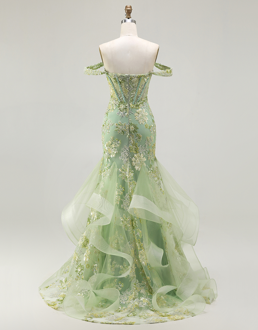 Sparkly Floral Green Corset Mermaid Long Prom Dress with Ruffles