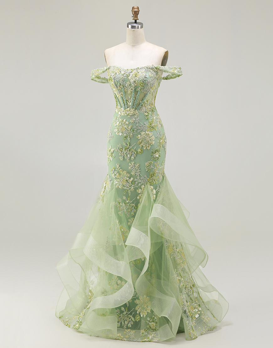 Sparkly Floral Green Corset Mermaid Long Prom Dress with Ruffles