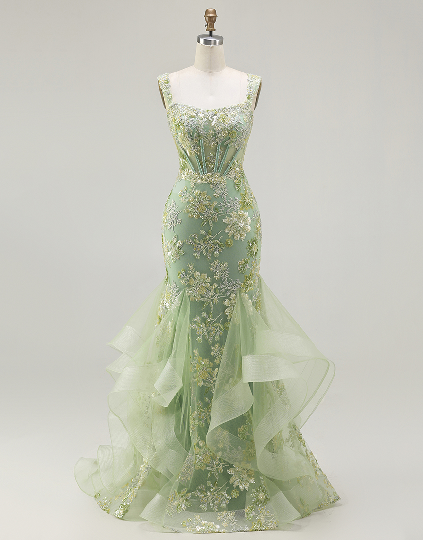 Sparkly Floral Green Corset Mermaid Long Prom Dress with Ruffles