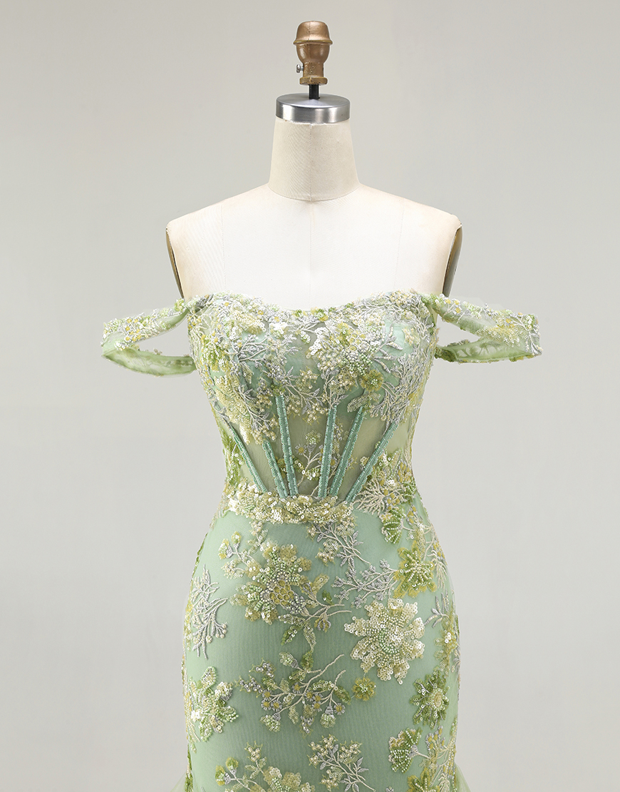 Sparkly Floral Green Corset Mermaid Long Prom Dress with Ruffles