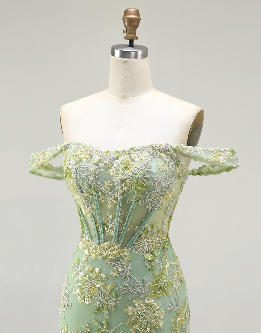 Sparkly Floral Green Corset Mermaid Long Prom Dress with Ruffles