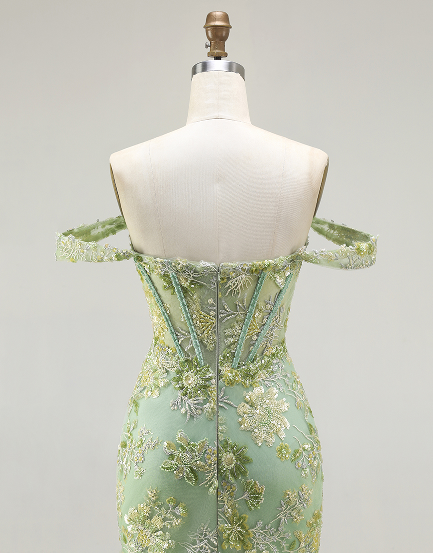 Sparkly Floral Green Corset Mermaid Long Prom Dress with Ruffles