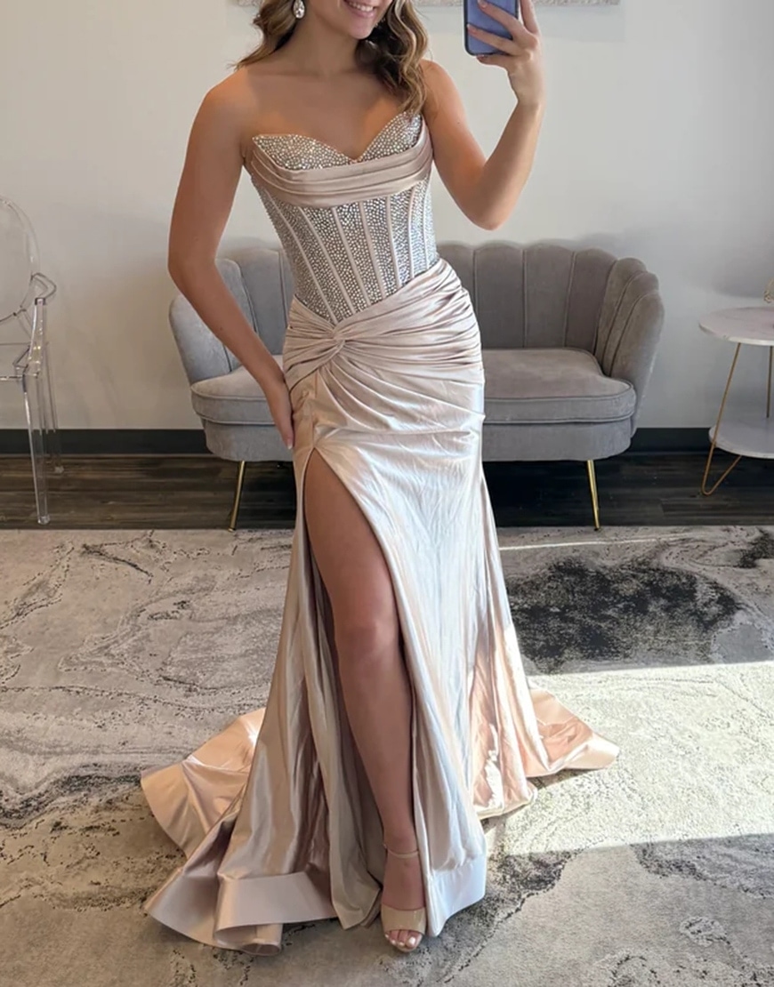 Sparkly Beaded Blush Corset Satin Mermaid Long Prom Dress with Slit