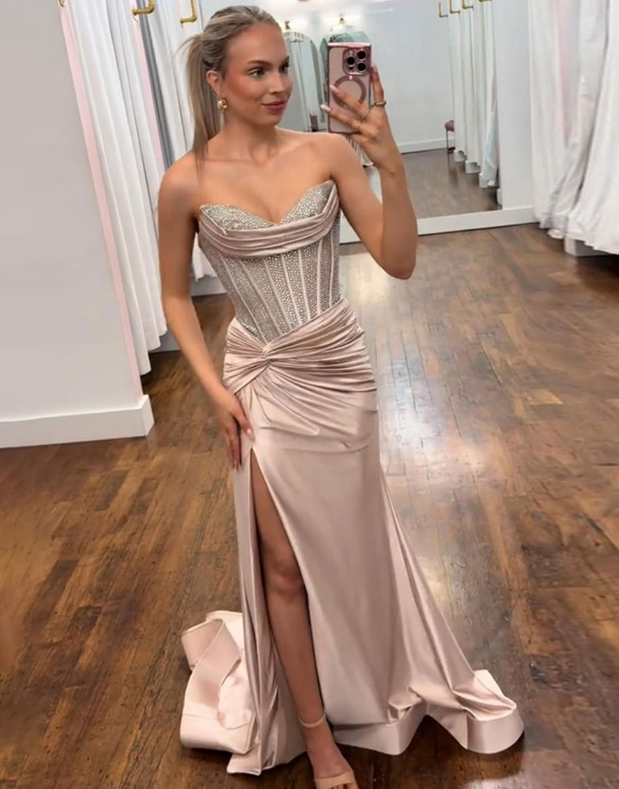 Sparkly Blush Beaded Corset Satin Mermaid Long Prom Dress with Slit