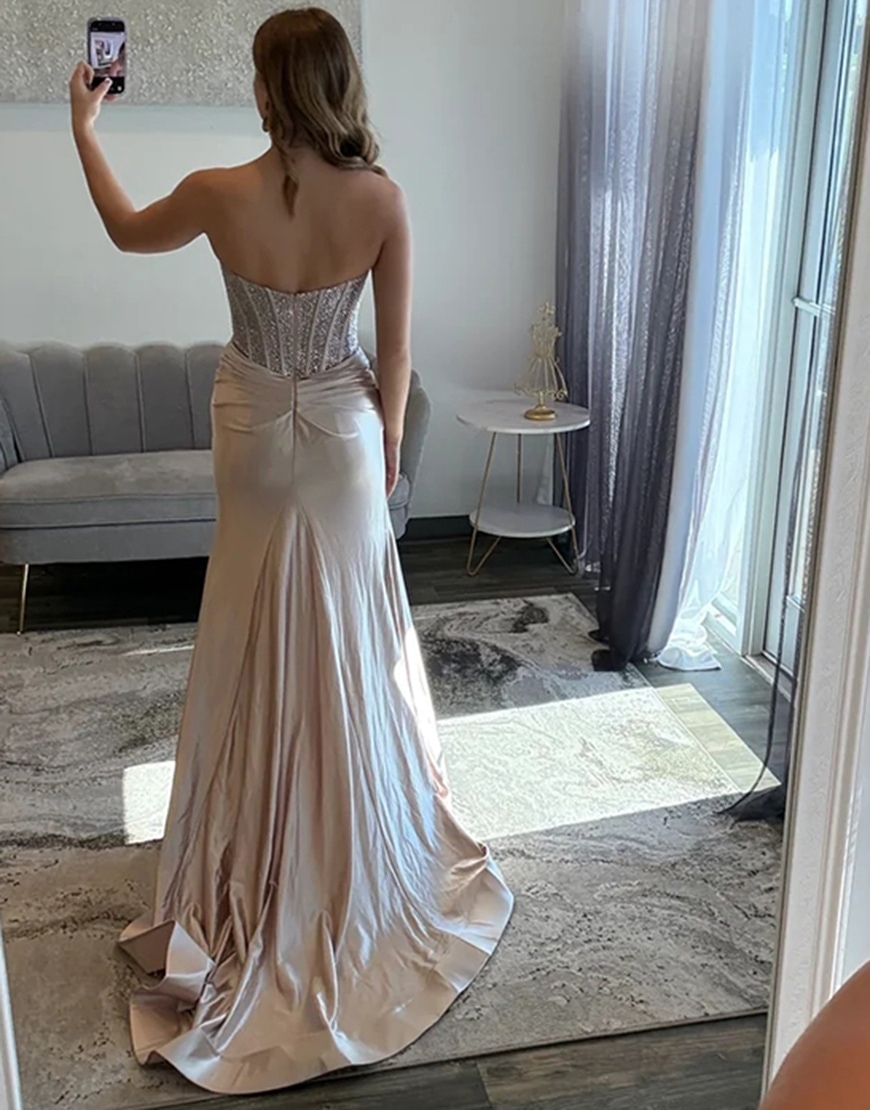 Sparkly Beaded Blush Corset Satin Mermaid Long Prom Dress with Slit