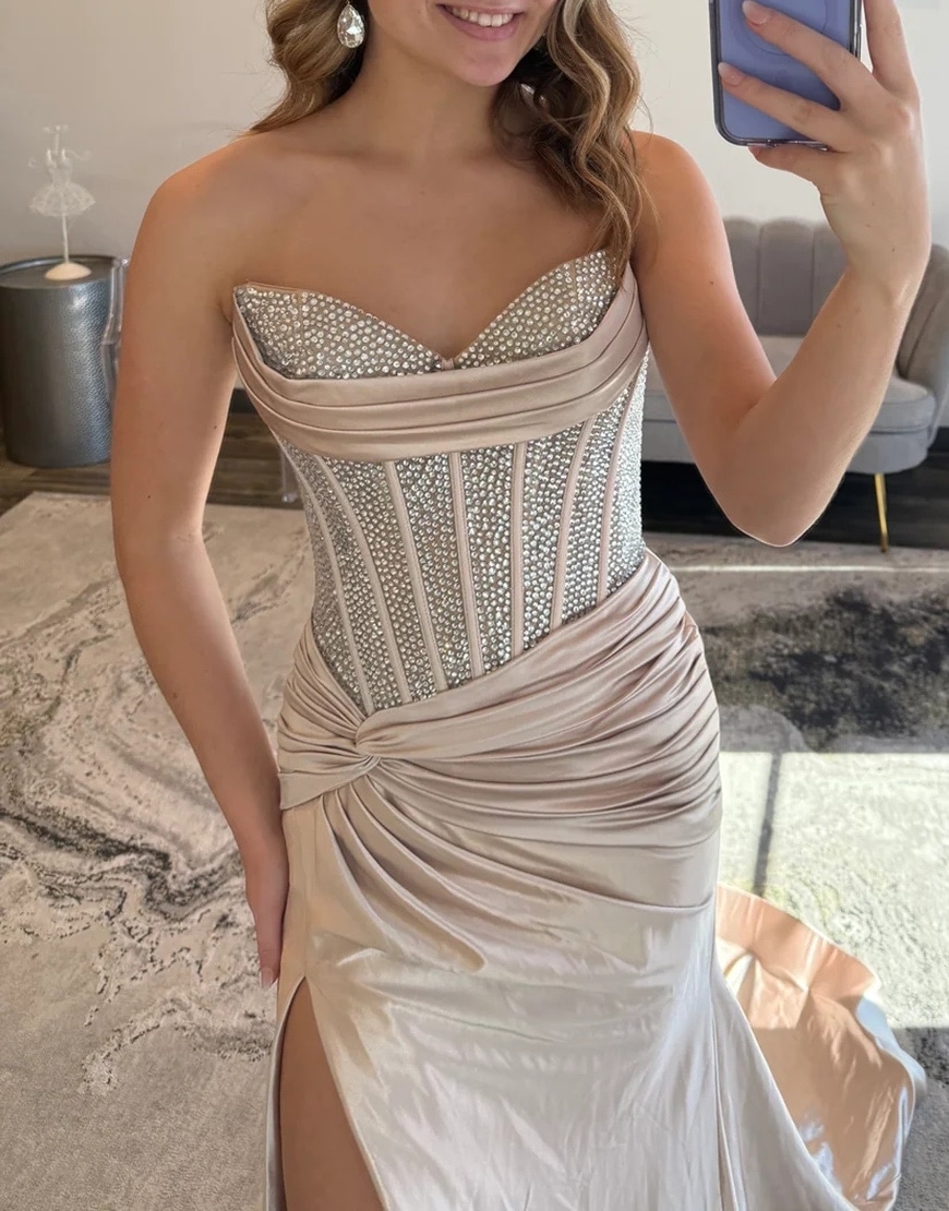 Sparkly Beaded Blush Corset Satin Mermaid Long Prom Dress with Slit